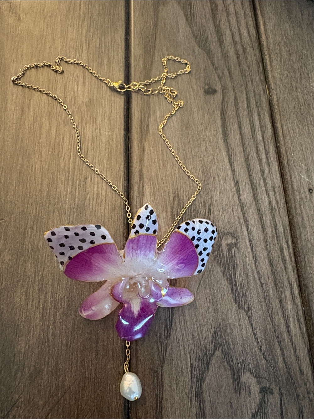 Gold Chain Necklace with Purple Orchid Pendant and Pearl Drop